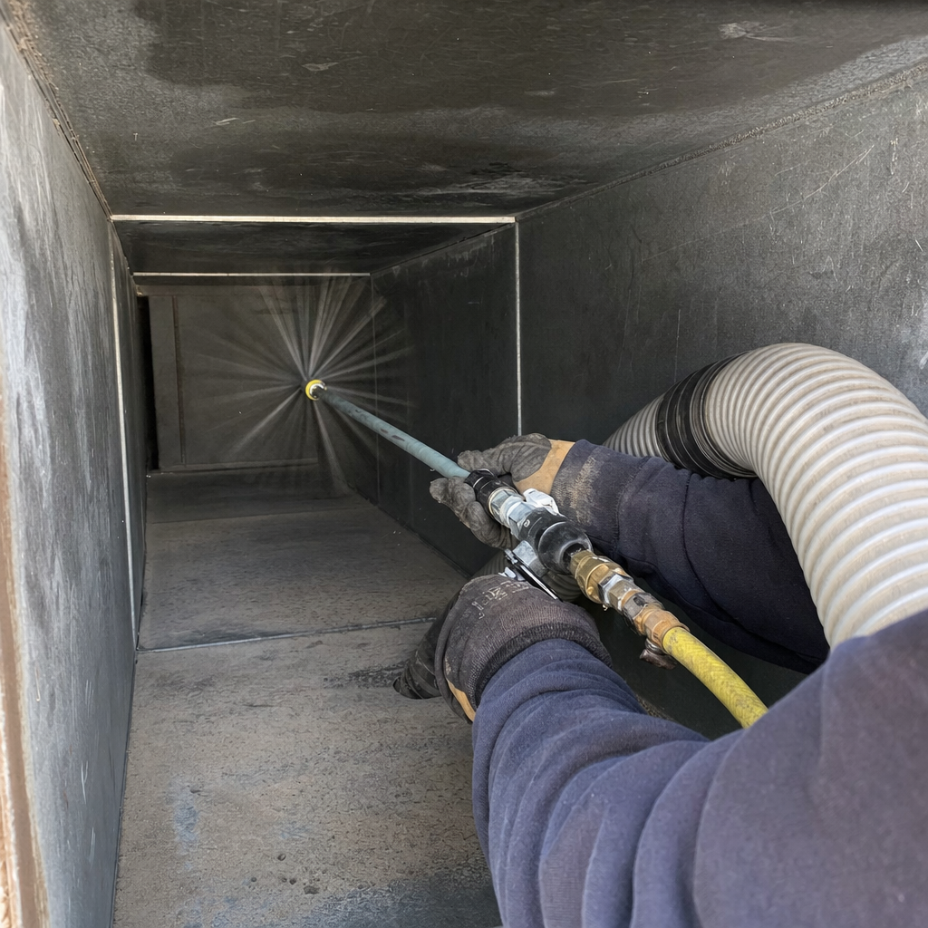 Technician using professional equipment to clean inside an air duct system