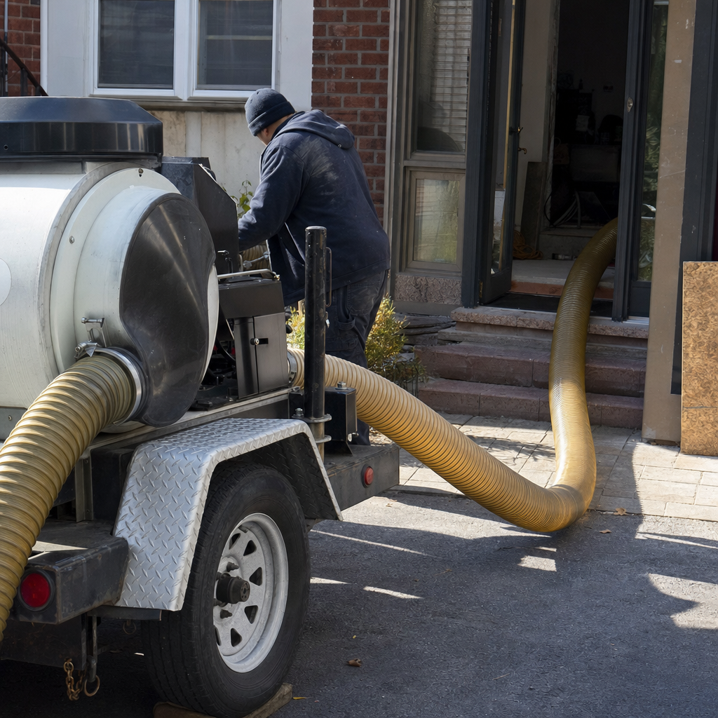Professional air duct cleaning technician using a vacuum truck for home service