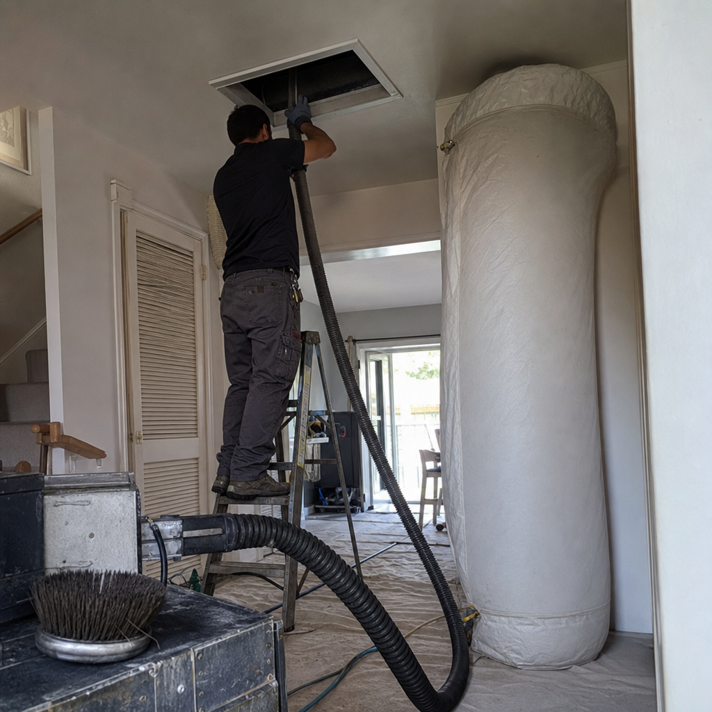 Technician performing professional air duct cleaning services in a residential home