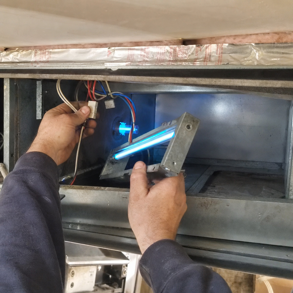 HVAC technician installing an ultraviolet air purification system in a duct in New York, NY