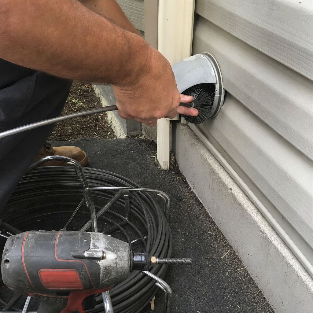 Technician using a rotating brush tool for professional dryer vent cleaning