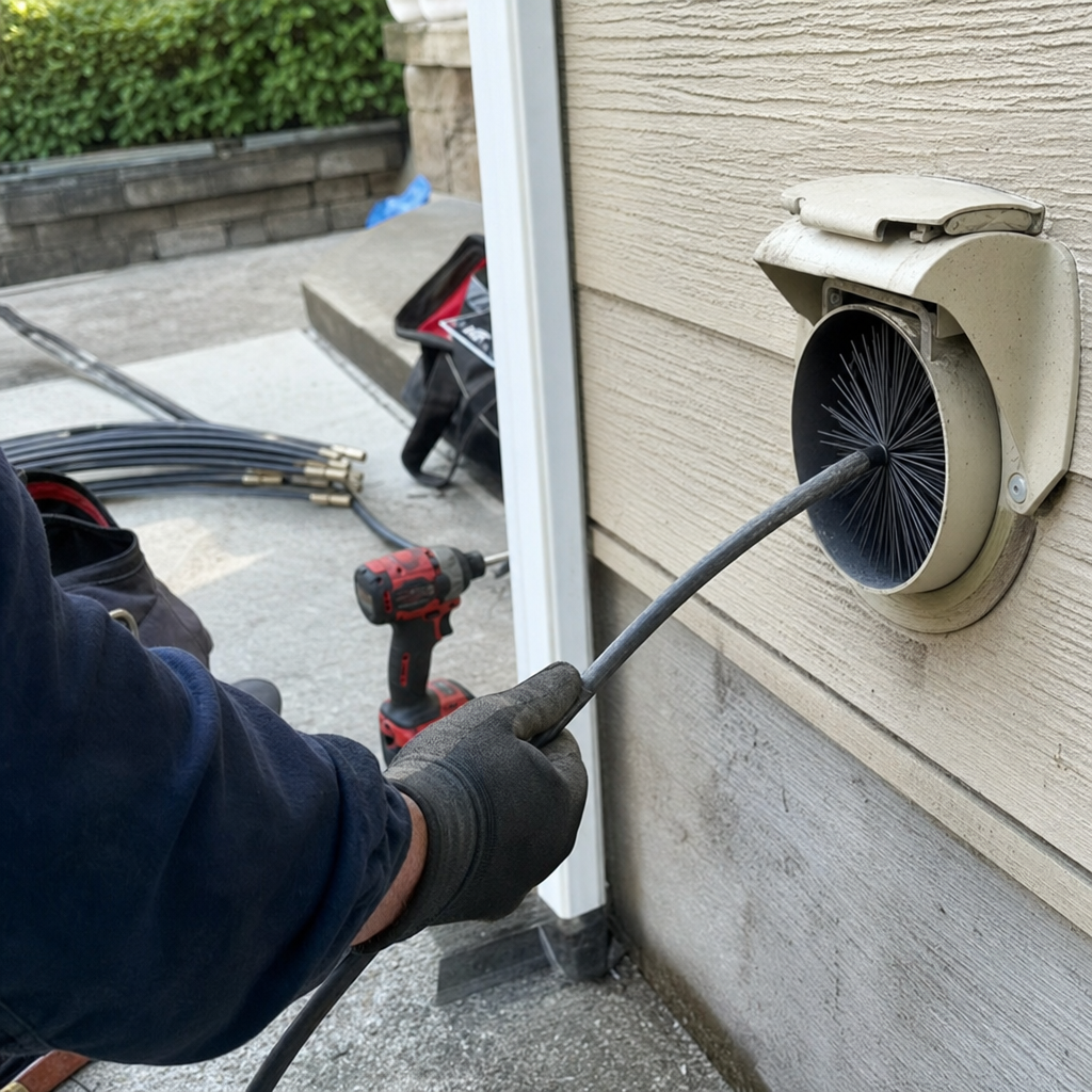 Professional dryer vent cleaning using a specialized brush tool