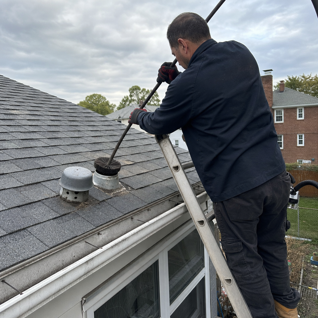 Technician using a rotating brush to perform professional dryer vent cleaning.