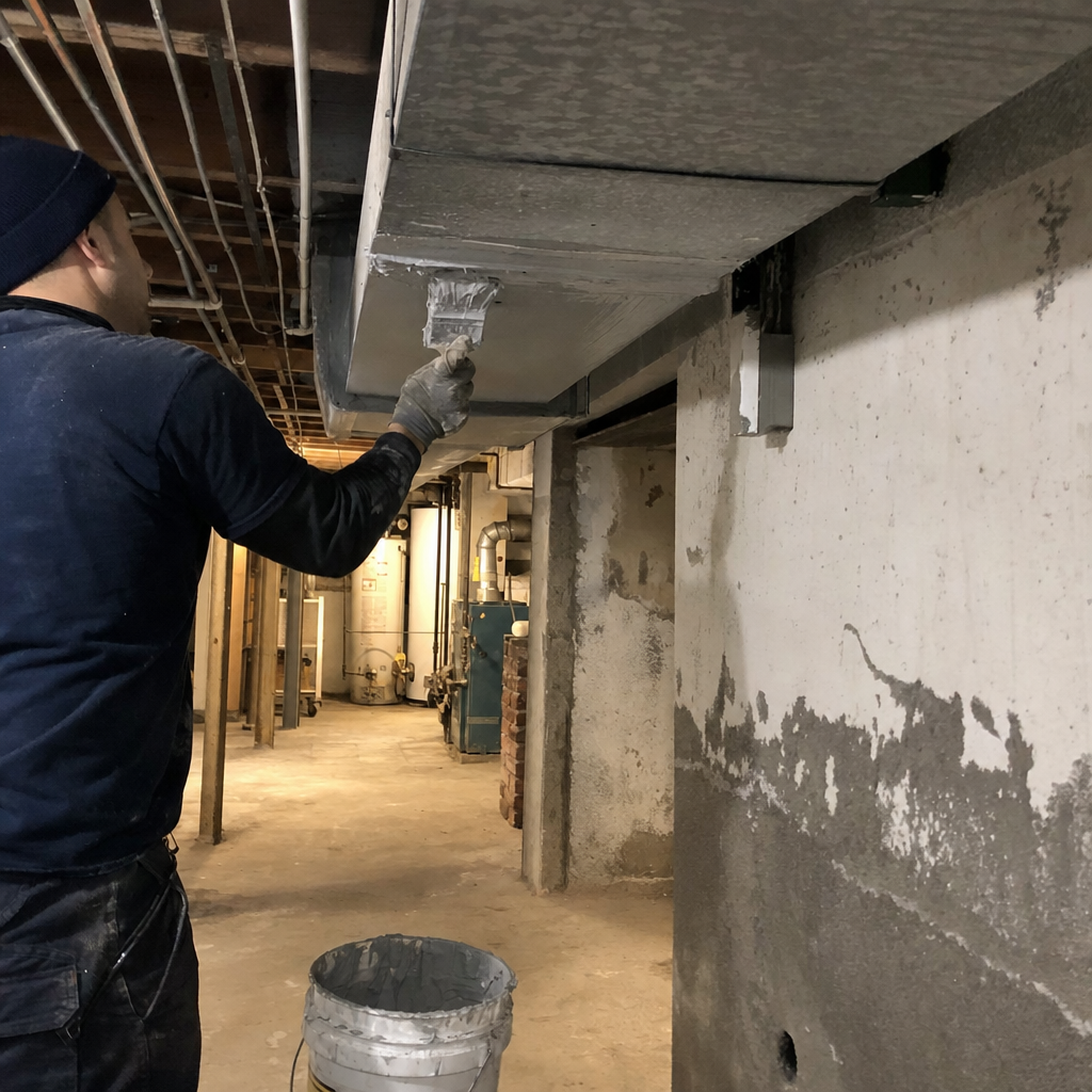 Technician applying mastic sealant to residential metal HVAC ductwork in New York, NY
