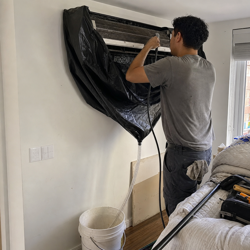 Technician performing professional HVAC mini-split cleaning and maintenance services