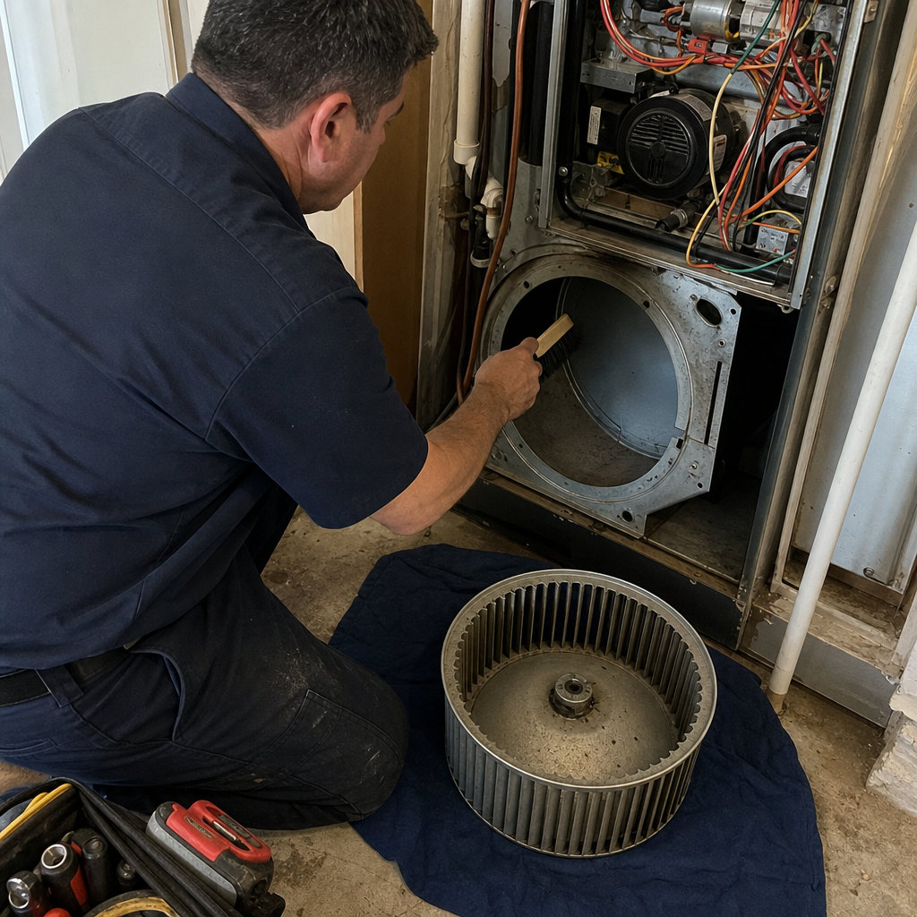 HVAC technician cleaning furnace blower assembly and housing