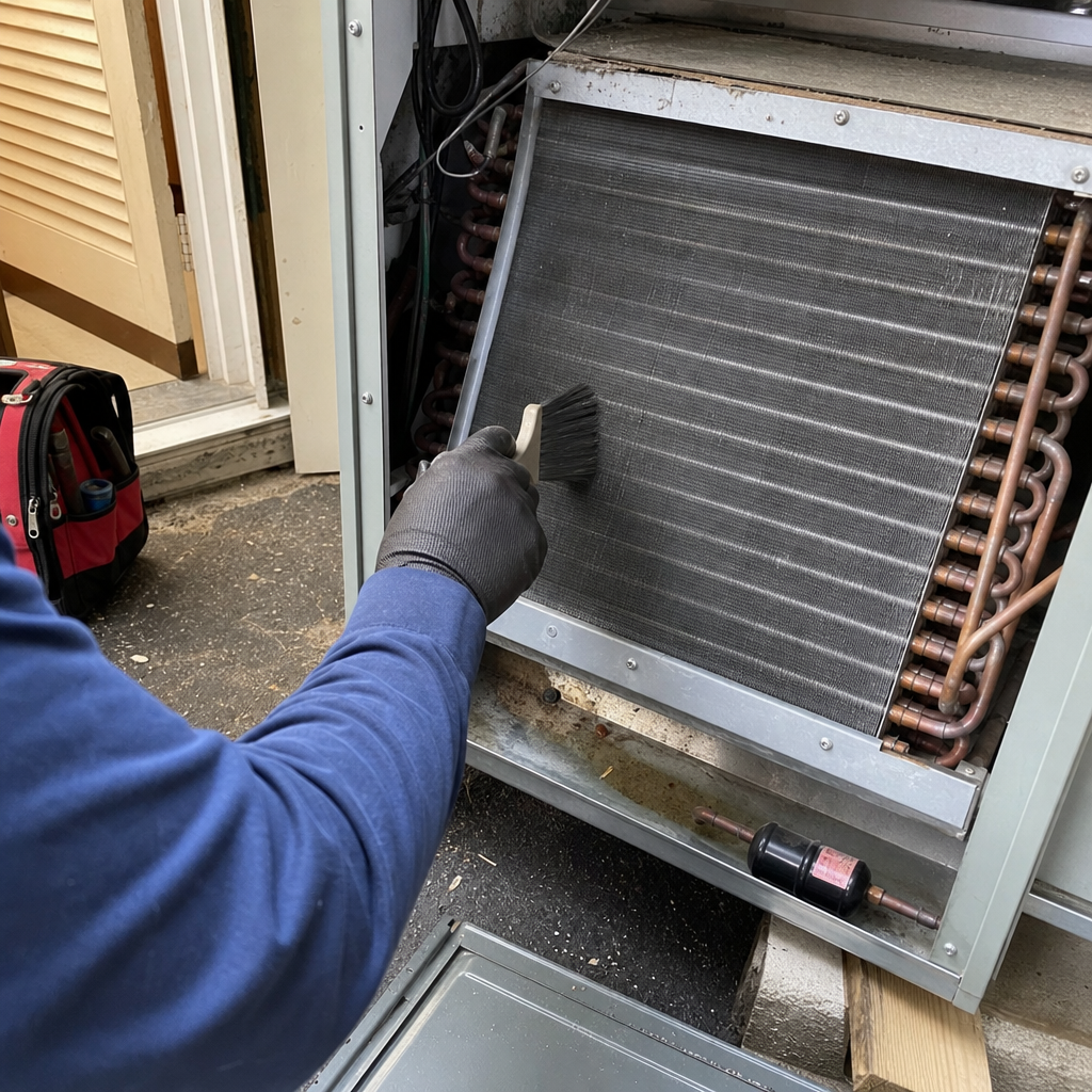 Technician performing professional HVAC coil cleaning and maintenance